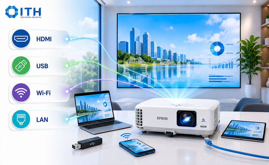 Máy chiếu Epson hỗ trợ kết nối HDMI, USB, Wi-Fi và LAN.