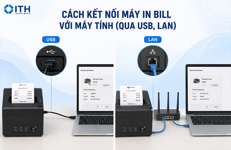 Cách kết nối máy in bill với máy tính (qua USB, LAN)
