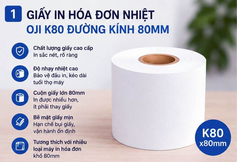 Giấy in hóa đơn nhiệt Oji K80 đường kính 80mm