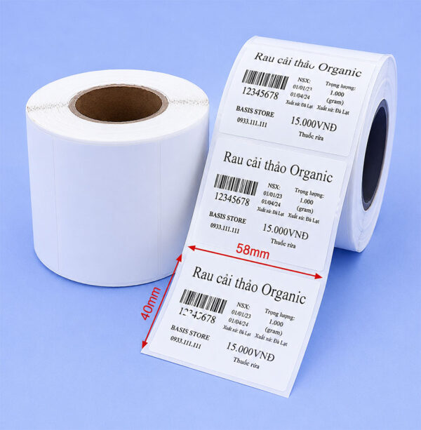 Decal nhiệt 58x40mm dài 30m tem cân điện tử
