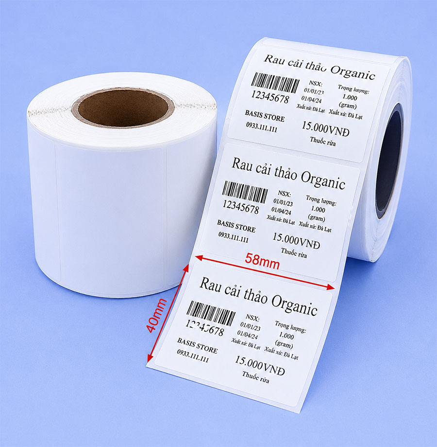 Decal nhiệt 58x40mm dài 30m tem cân điện tử
