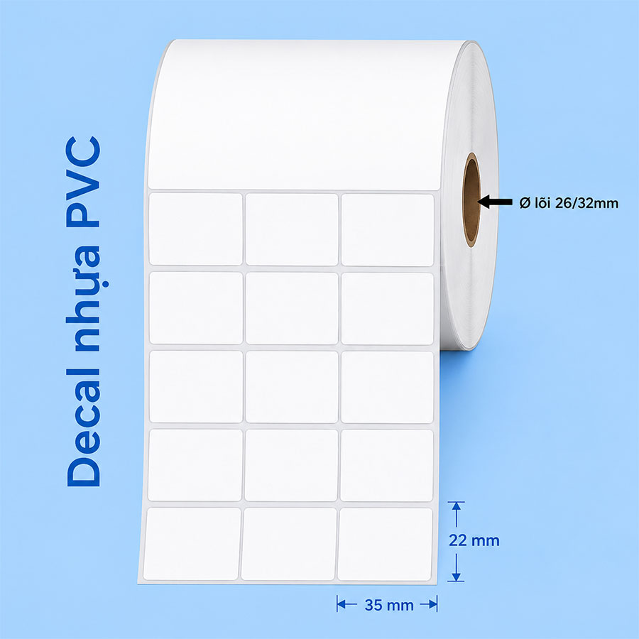 Decal PVC 35x22mm dài 50m 3 tem trên 1 hàng