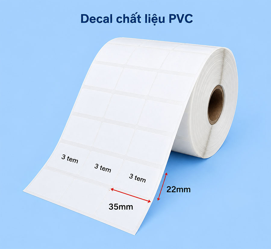 Decal PVC 35x22mm dài 50m 3 tem trên 1 hàng