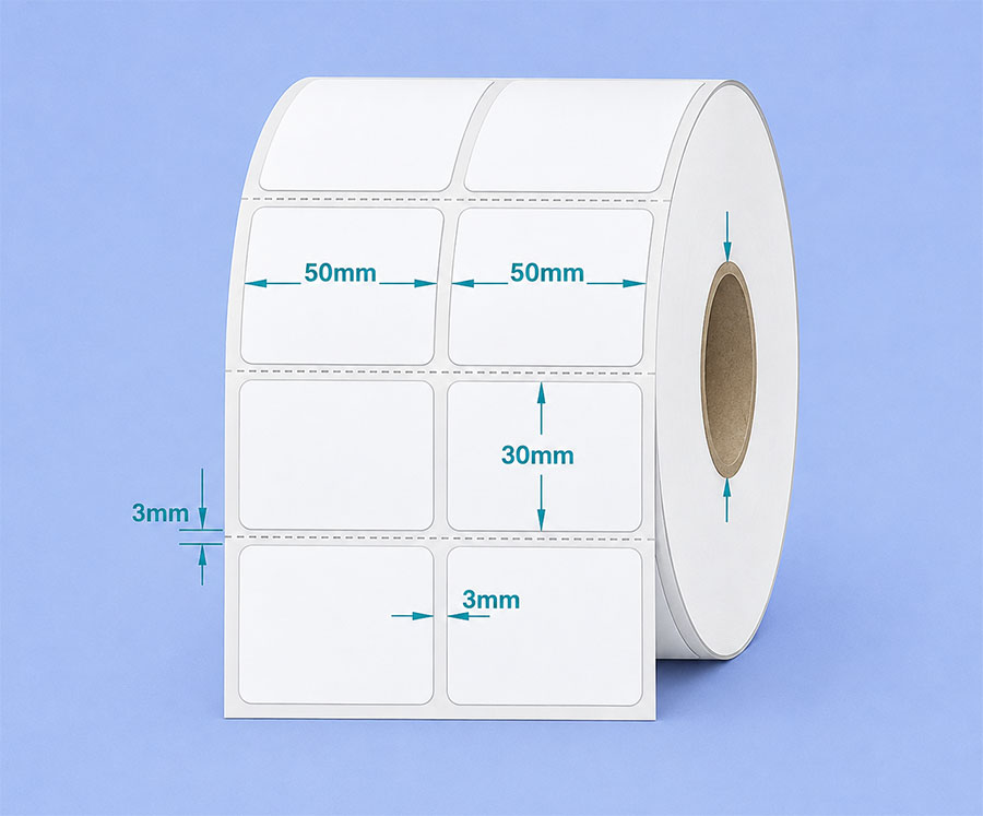 Decal thường 50x30mm dài 50m 2 tem trên 1 hàng