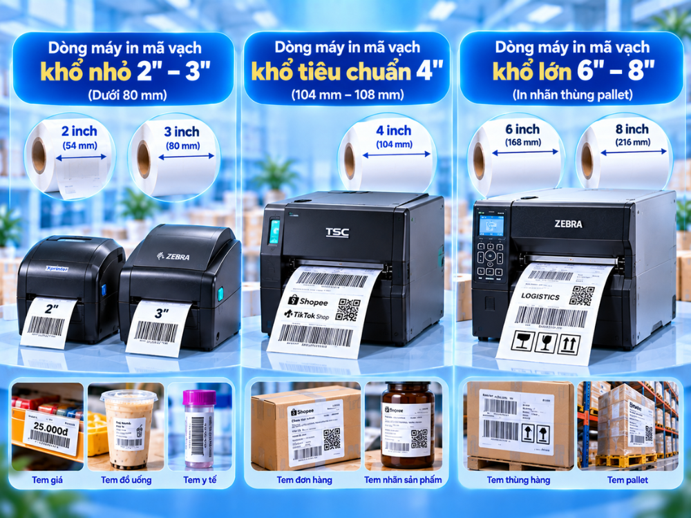 Phân loại máy in mã vạch theo chiều rộng khổ in tối đa