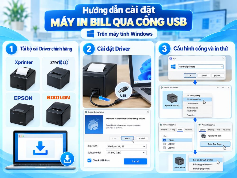 Hướng dẫn cài đặt máy in bill qua cổng USB trên máy tính Windows