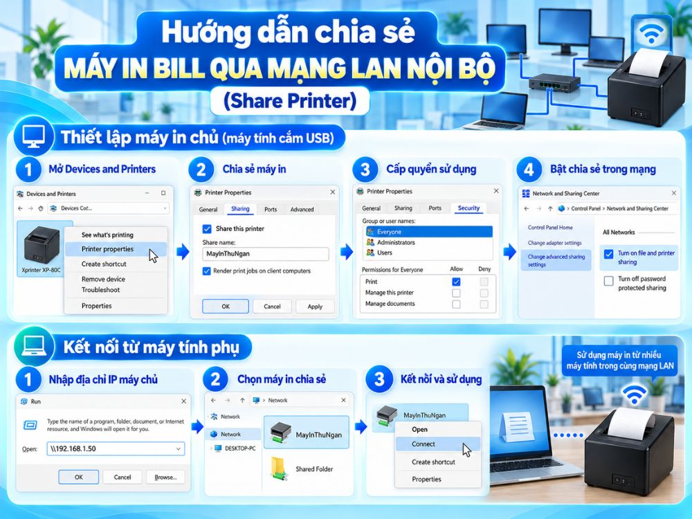 Hướng dẫn chia sẻ máy in bill qua mạng LAN nội bộ (Share Printer)