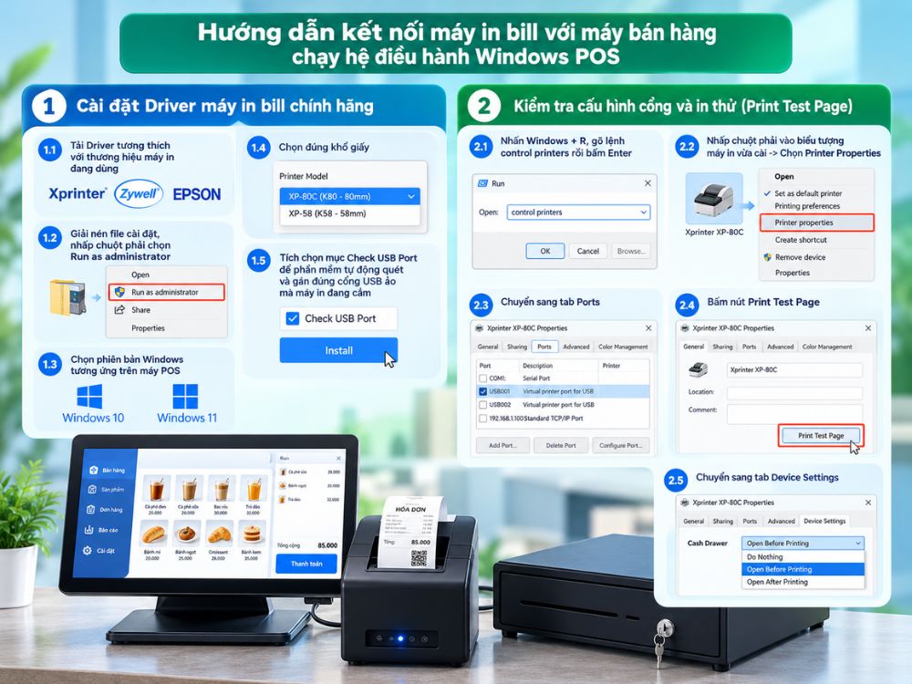 Hướng dẫn kết nối máy in bill với máy bán hàng chạy hệ điều hành Windows POS