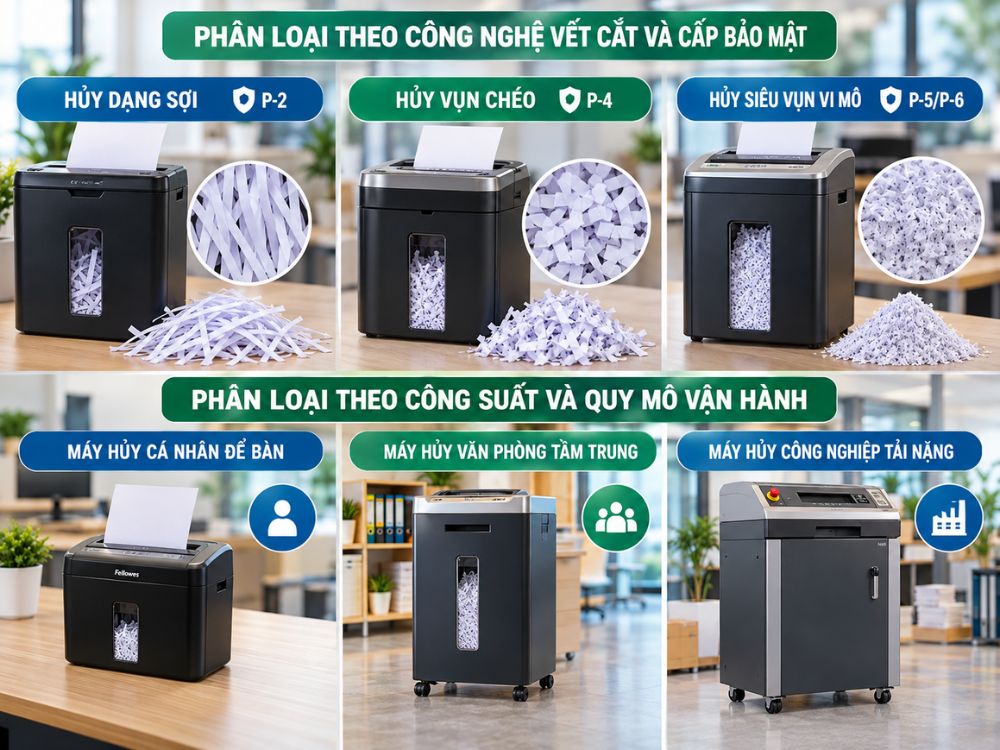 Phan loai may huy tai lieu pho bien tren thi truong Phân loại máy hủy tài liệu phổ biến trên thị trường